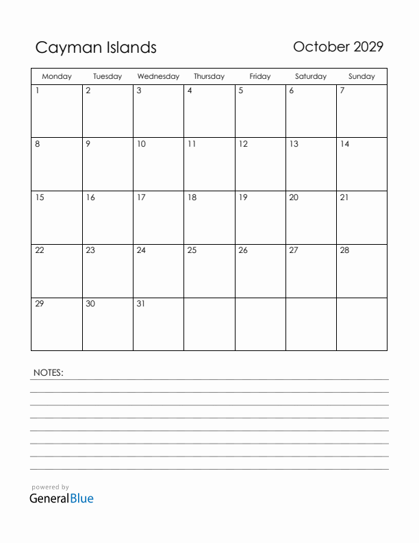 October 2029 Cayman Islands Calendar with Holidays (Monday Start)