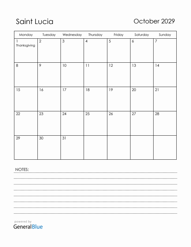 October 2029 Saint Lucia Calendar with Holidays (Monday Start)