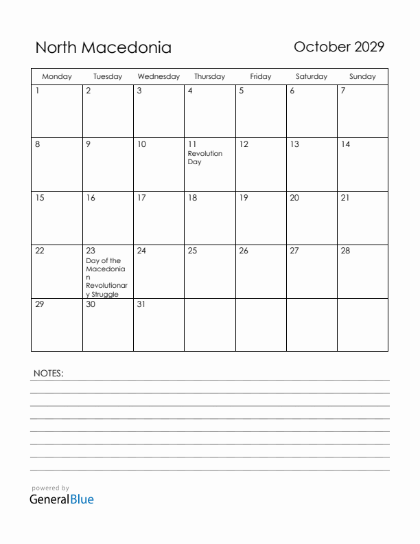 October 2029 North Macedonia Calendar with Holidays (Monday Start)
