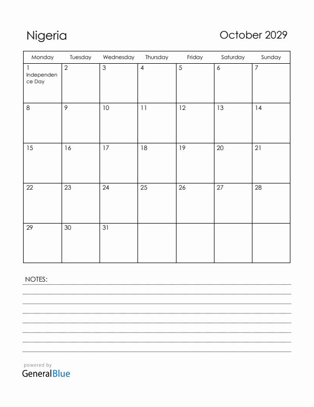 October 2029 Nigeria Calendar with Holidays (Monday Start)
