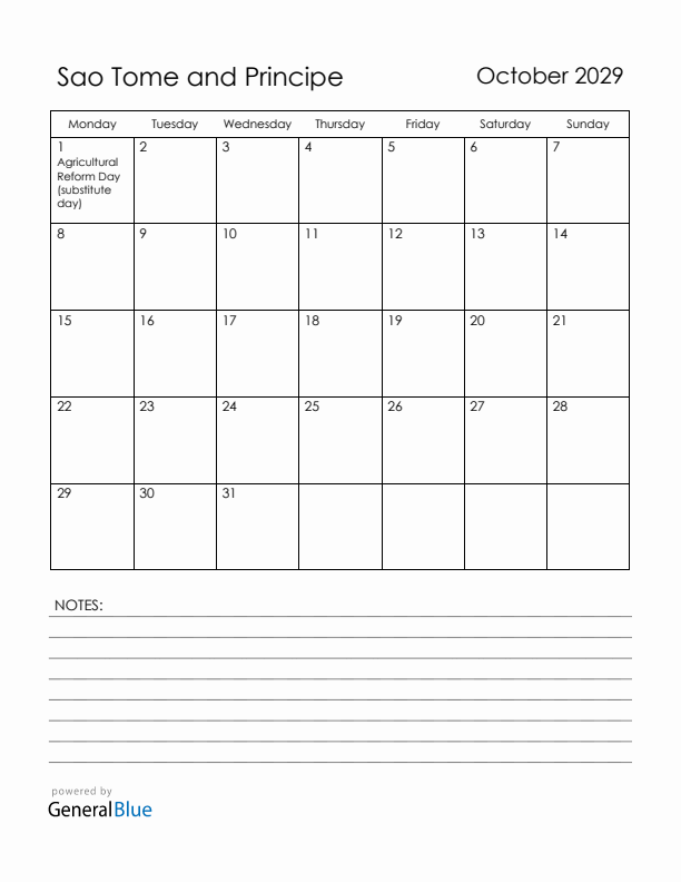 October 2029 Sao Tome and Principe Calendar with Holidays (Monday Start)