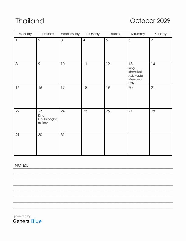 October 2029 Thailand Calendar with Holidays (Monday Start)