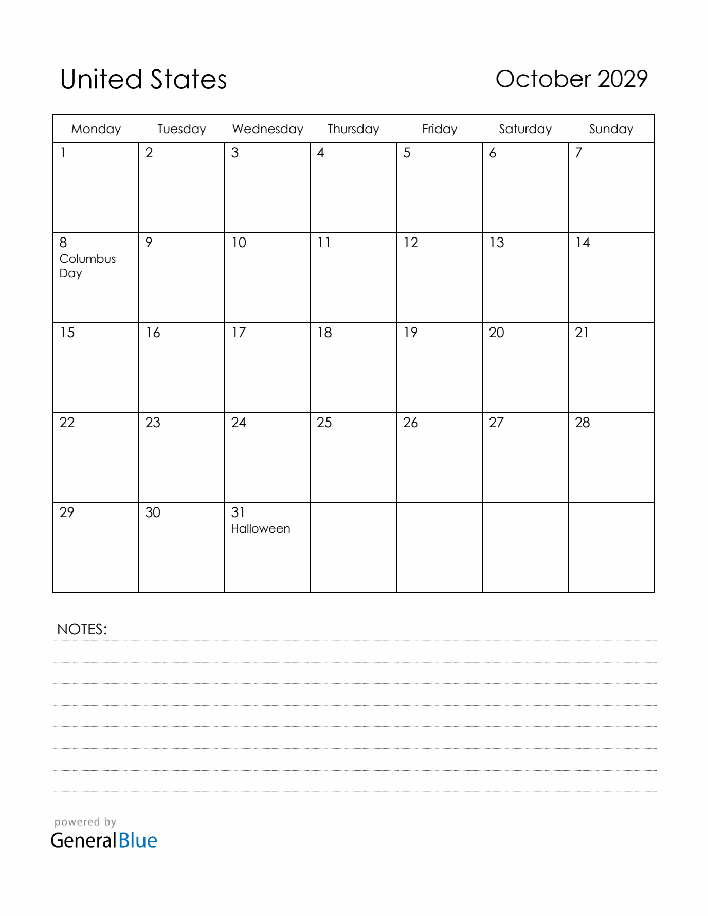 October 2029 United States Calendar with Holidays (Monday Start)