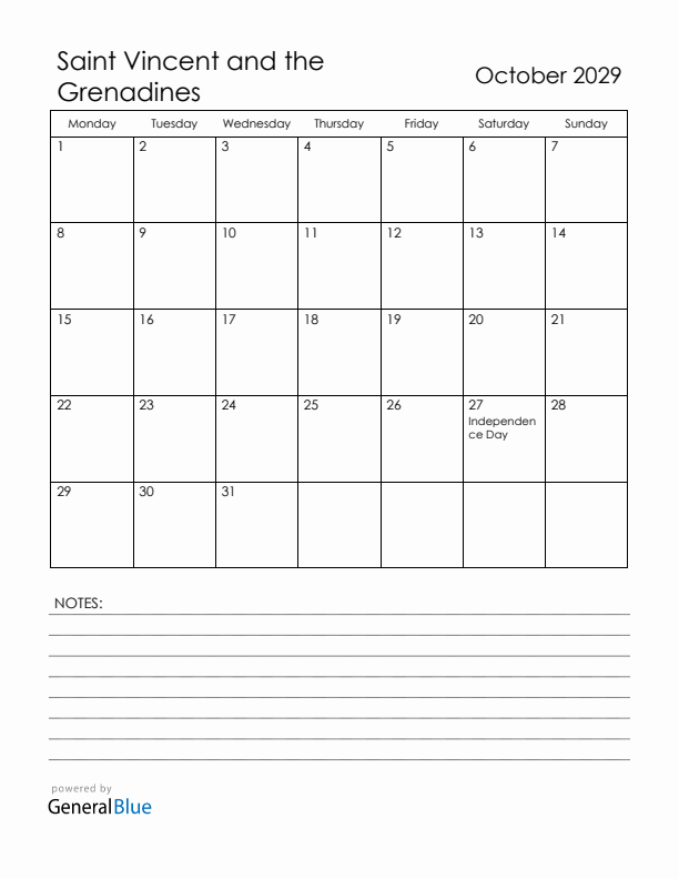 October 2029 Saint Vincent and the Grenadines Calendar with Holidays (Monday Start)