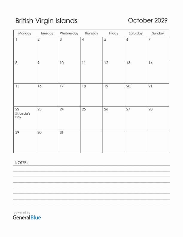 October 2029 British Virgin Islands Calendar with Holidays (Monday Start)