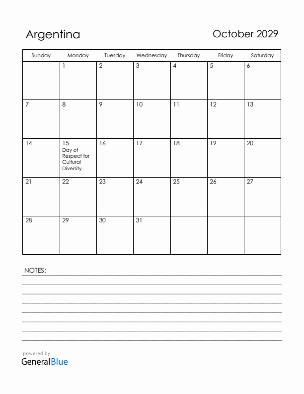 October 2029 Argentina Calendar with Holidays (Sunday Start)