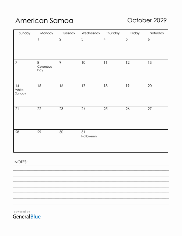 October 2029 American Samoa Calendar with Holidays (Sunday Start)