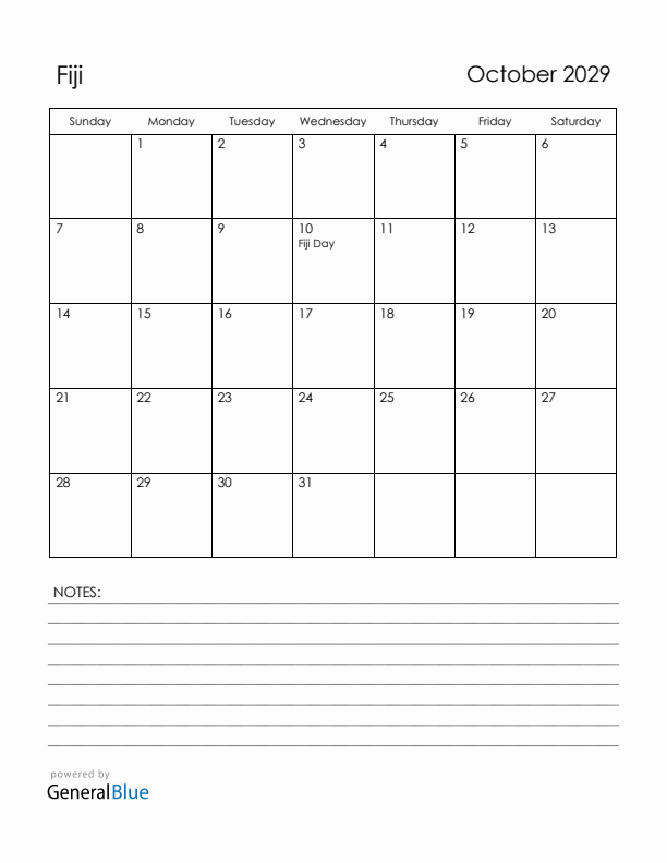 October 2029 Fiji Calendar with Holidays (Sunday Start)