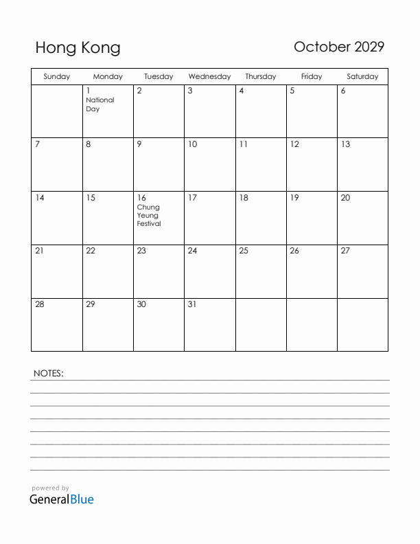 October 2029 Hong Kong Calendar with Holidays (Sunday Start)
