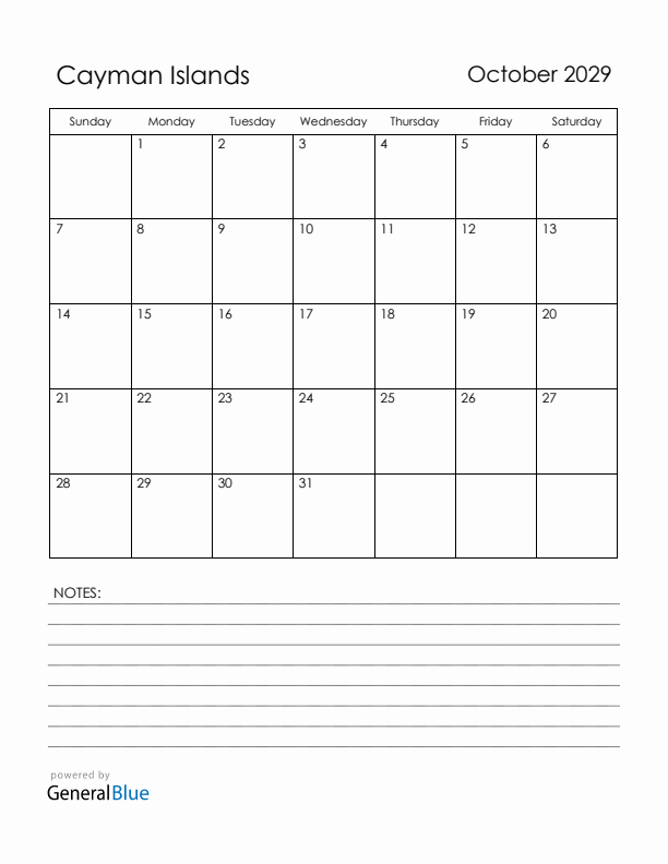 October 2029 Cayman Islands Calendar with Holidays (Sunday Start)