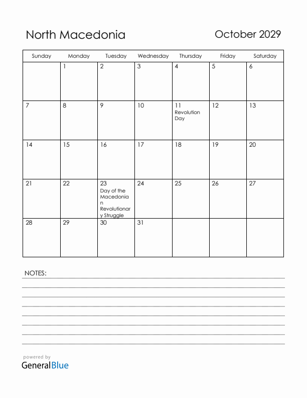 October 2029 North Macedonia Calendar with Holidays (Sunday Start)
