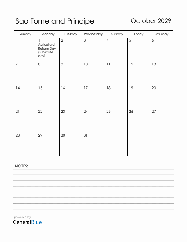 October 2029 Sao Tome and Principe Calendar with Holidays (Sunday Start)