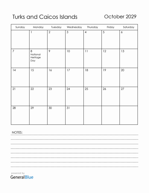 October 2029 Turks and Caicos Islands Calendar with Holidays (Sunday Start)