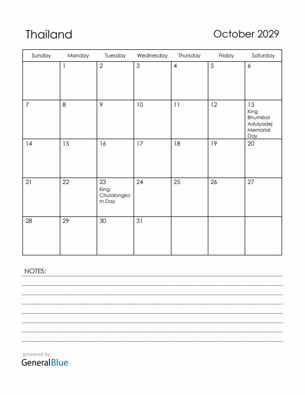 October 2029 Thailand Calendar with Holidays (Sunday Start)