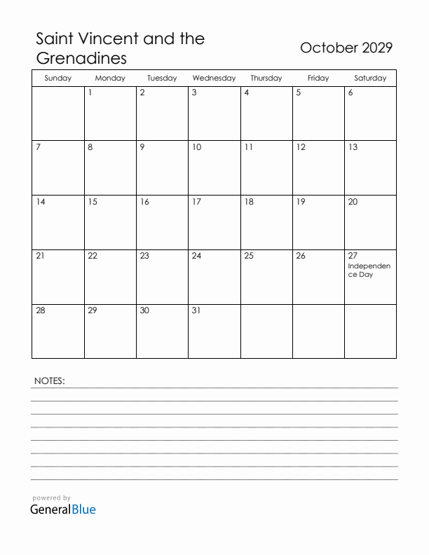 October 2029 Saint Vincent and the Grenadines Calendar with Holidays (Sunday Start)