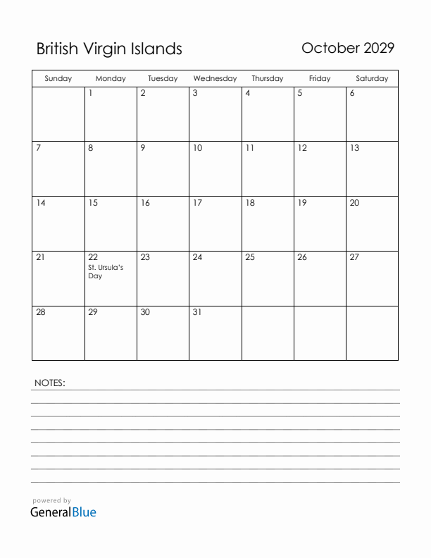 October 2029 British Virgin Islands Calendar with Holidays (Sunday Start)