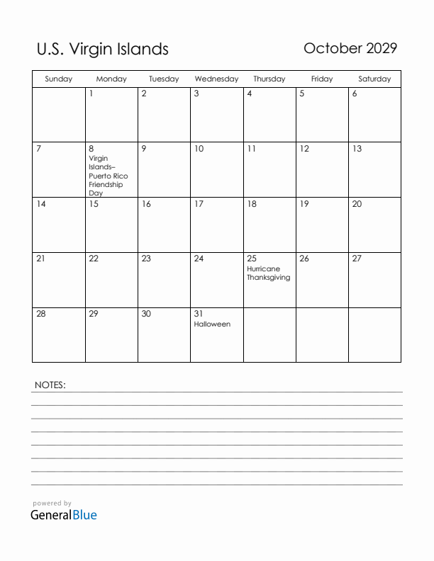 October 2029 U.S. Virgin Islands Calendar with Holidays (Sunday Start)