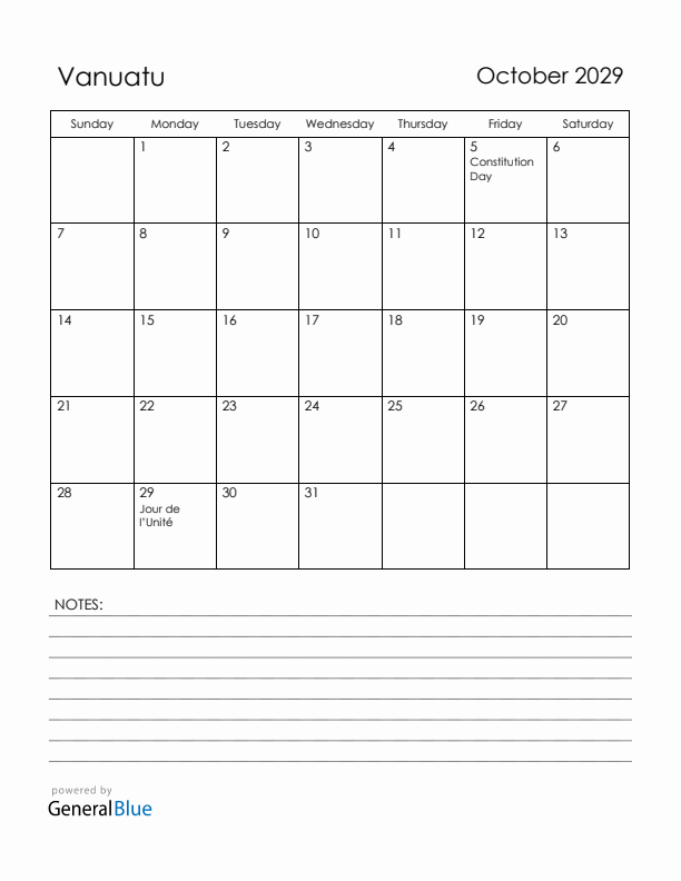 October 2029 Vanuatu Calendar with Holidays (Sunday Start)