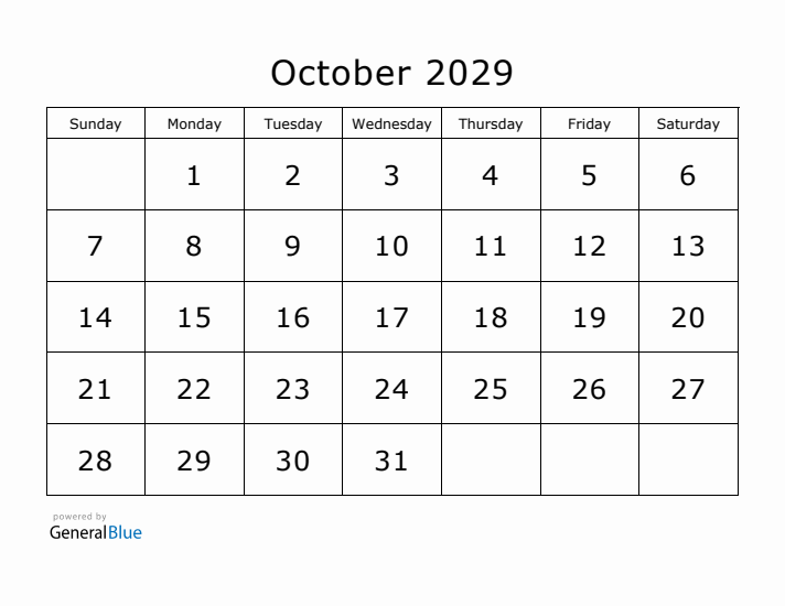 Printable October 2029 Calendar - Sunday Start