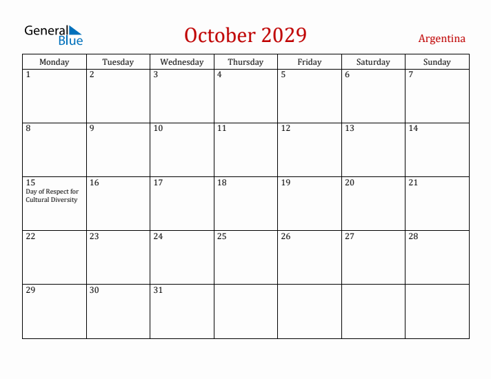 Argentina October 2029 Calendar - Monday Start