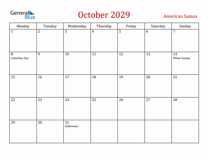 American Samoa October 2029 Calendar - Monday Start