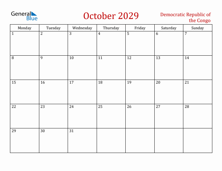 Democratic Republic of the Congo October 2029 Calendar - Monday Start