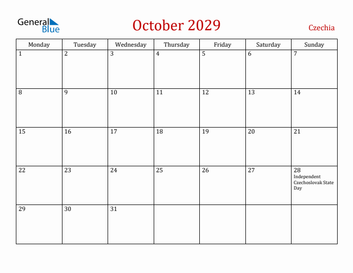 Czechia October 2029 Calendar - Monday Start