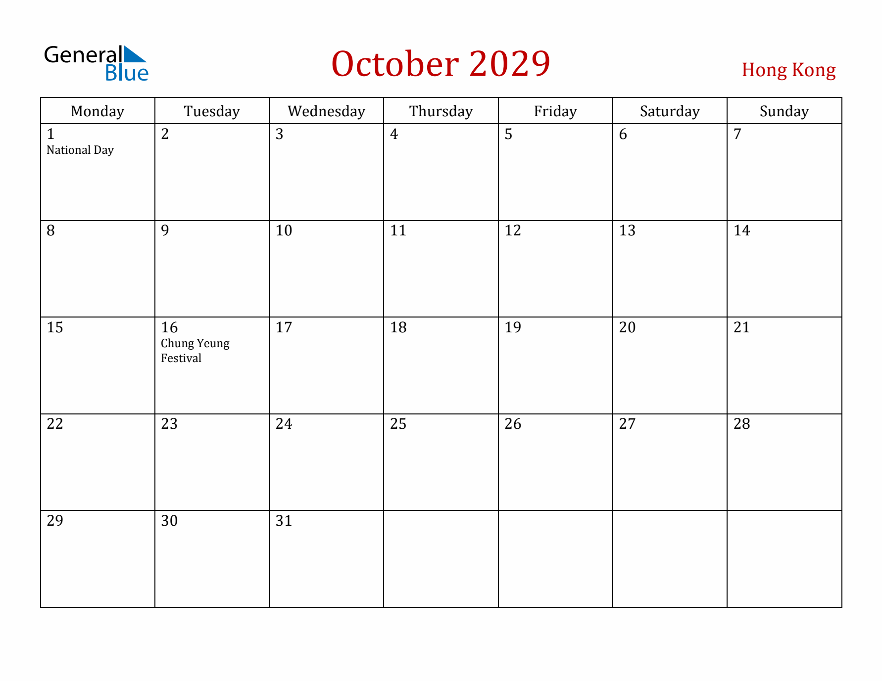 Hong Kong October 2029 Calendar - Monday Start