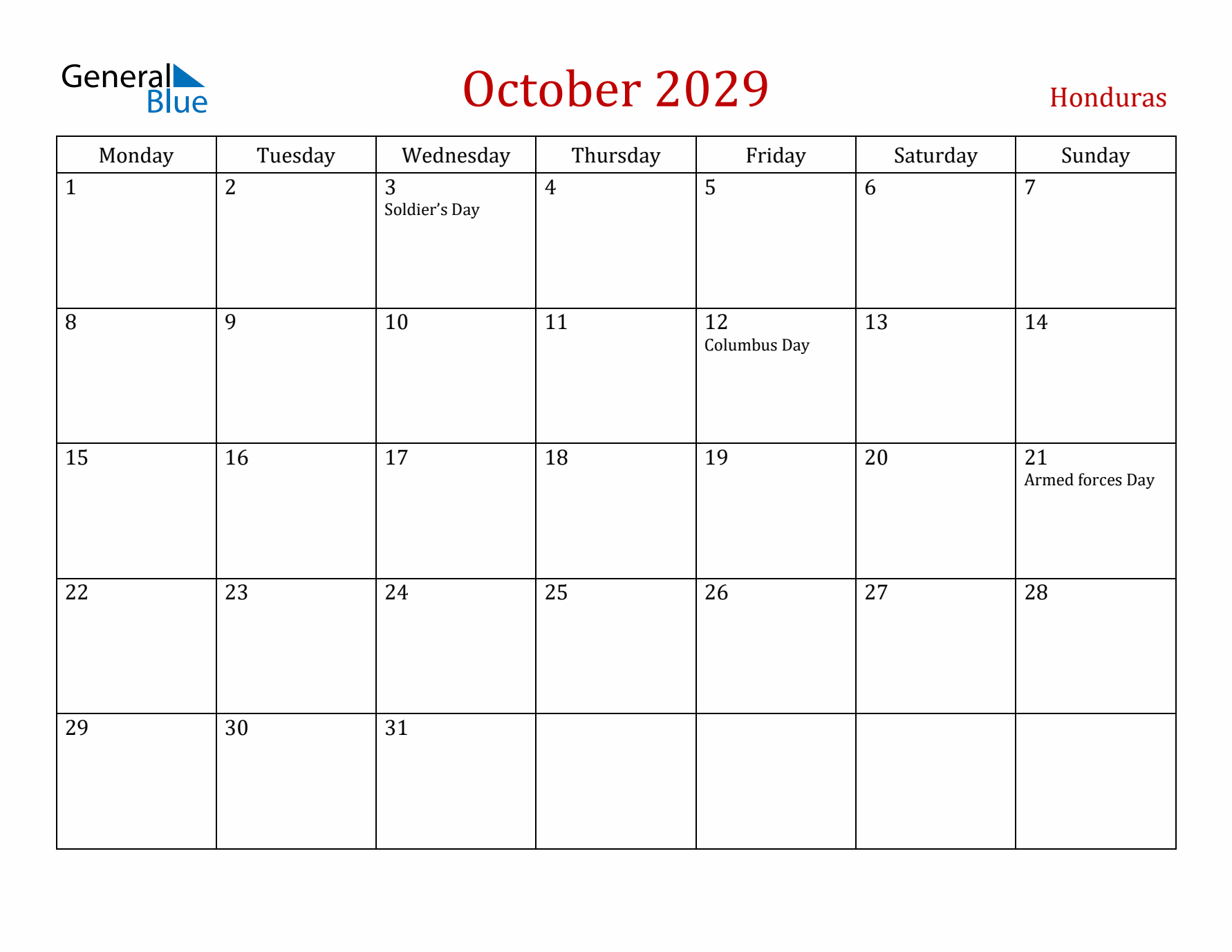 Honduras October 2029 Calendar - Monday Start