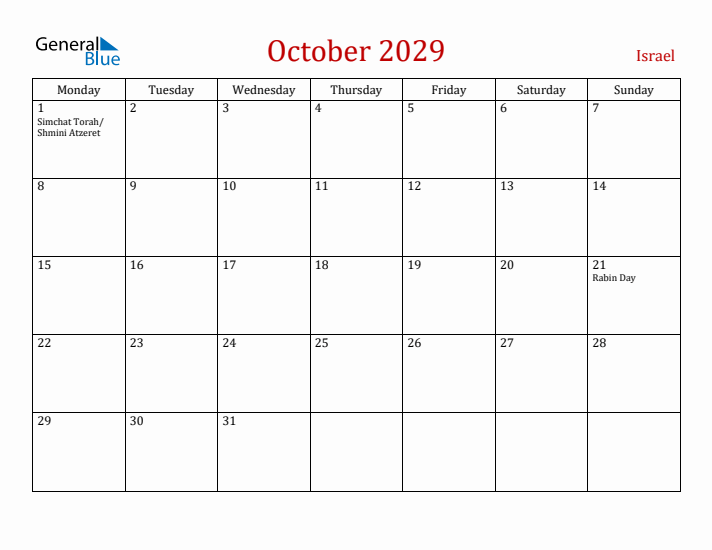 Israel October 2029 Calendar - Monday Start