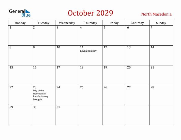 North Macedonia October 2029 Calendar - Monday Start