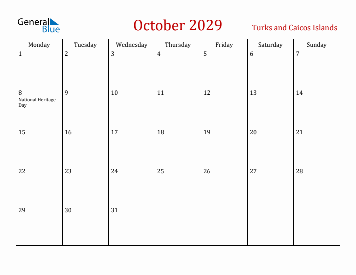 Turks and Caicos Islands October 2029 Calendar - Monday Start
