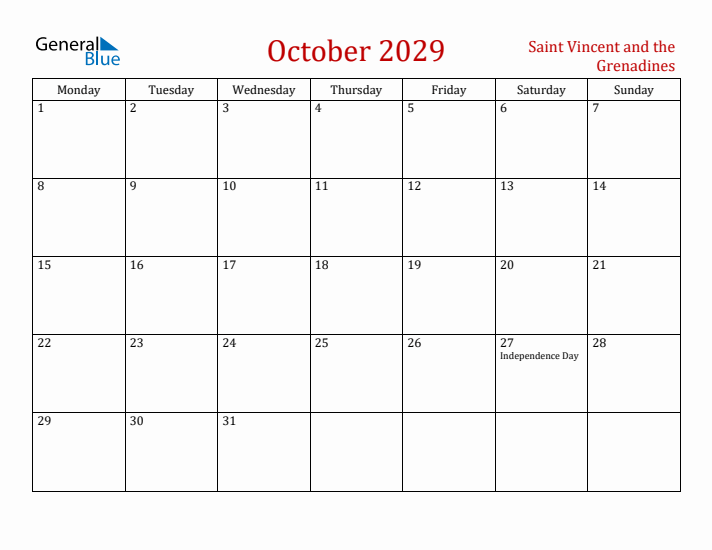 Saint Vincent and the Grenadines October 2029 Calendar - Monday Start