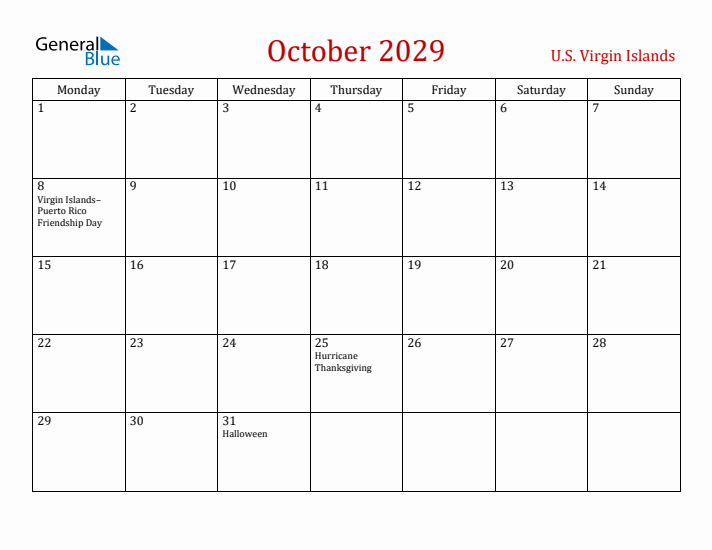 U.S. Virgin Islands October 2029 Calendar - Monday Start