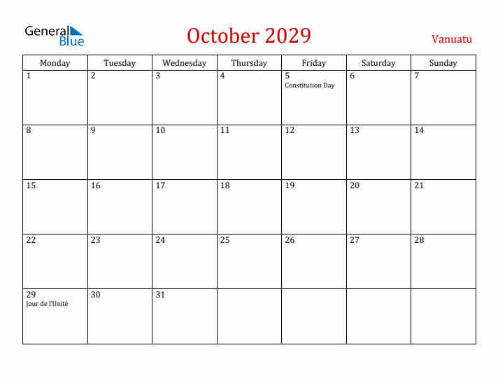 Vanuatu October 2029 Calendar - Monday Start