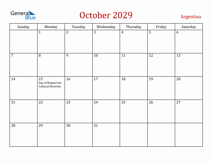 Argentina October 2029 Calendar - Sunday Start