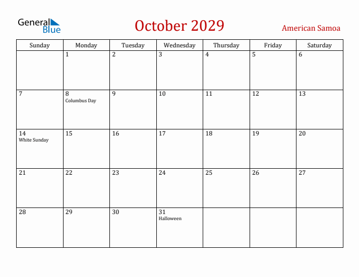 American Samoa October 2029 Calendar - Sunday Start