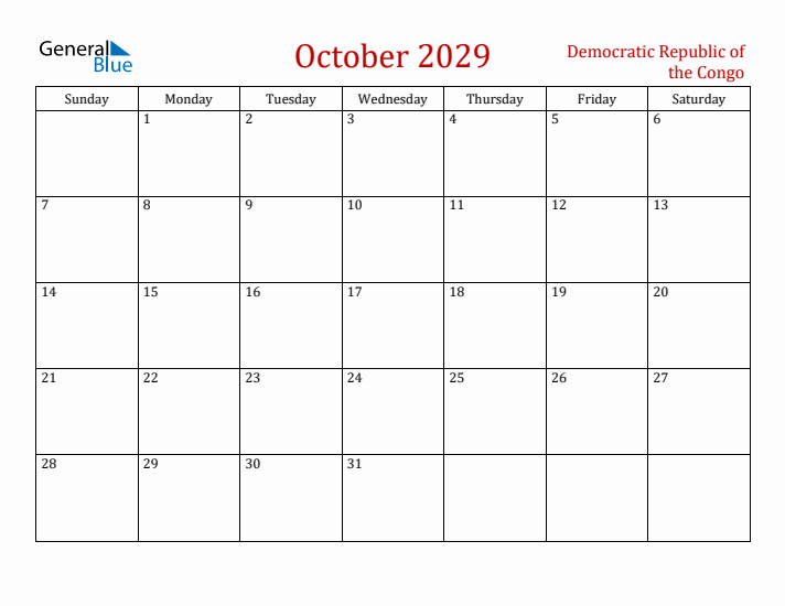 Democratic Republic of the Congo October 2029 Calendar - Sunday Start