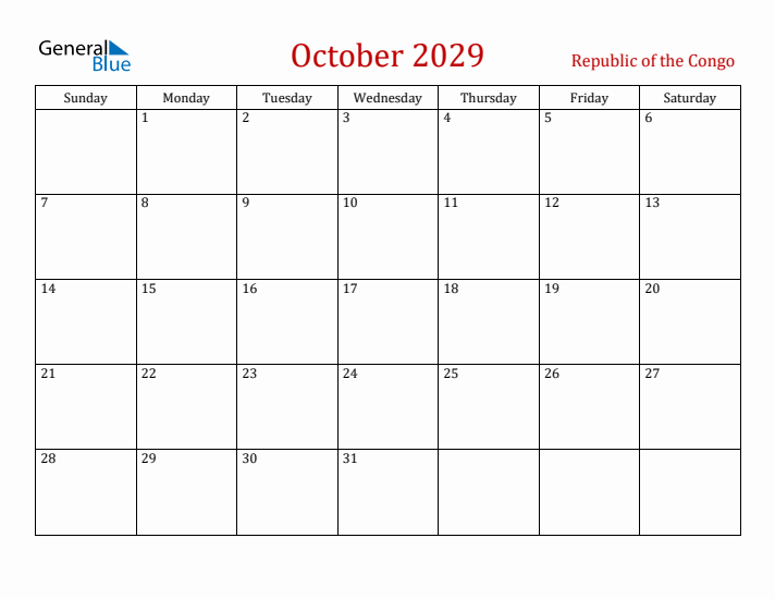 Republic of the Congo October 2029 Calendar - Sunday Start