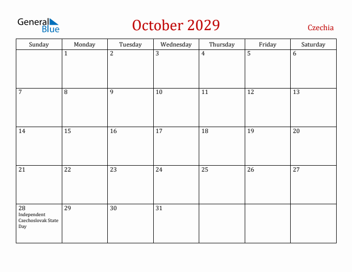 Czechia October 2029 Calendar - Sunday Start
