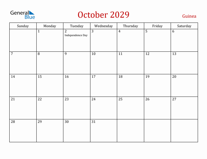 Guinea October 2029 Calendar - Sunday Start
