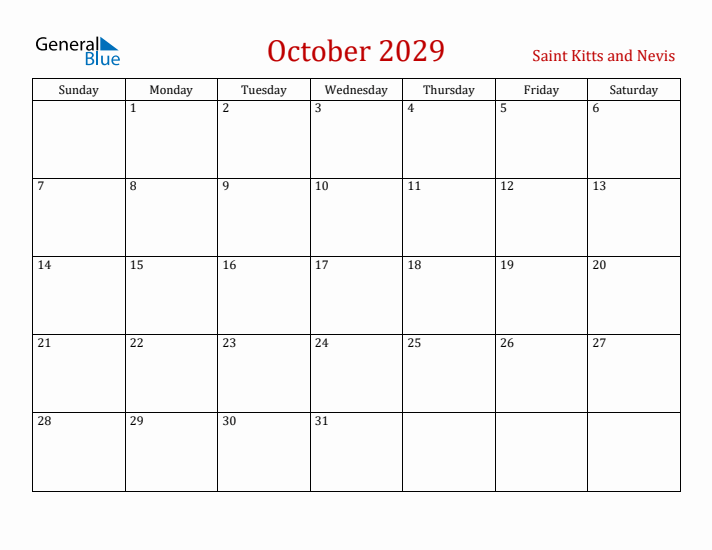 Saint Kitts and Nevis October 2029 Calendar - Sunday Start