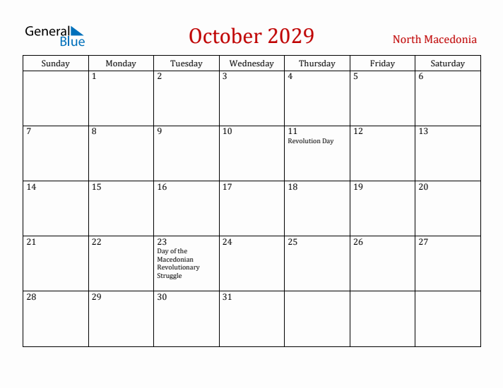 North Macedonia October 2029 Calendar - Sunday Start