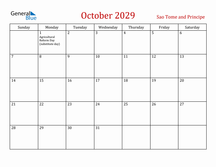 Sao Tome and Principe October 2029 Calendar - Sunday Start