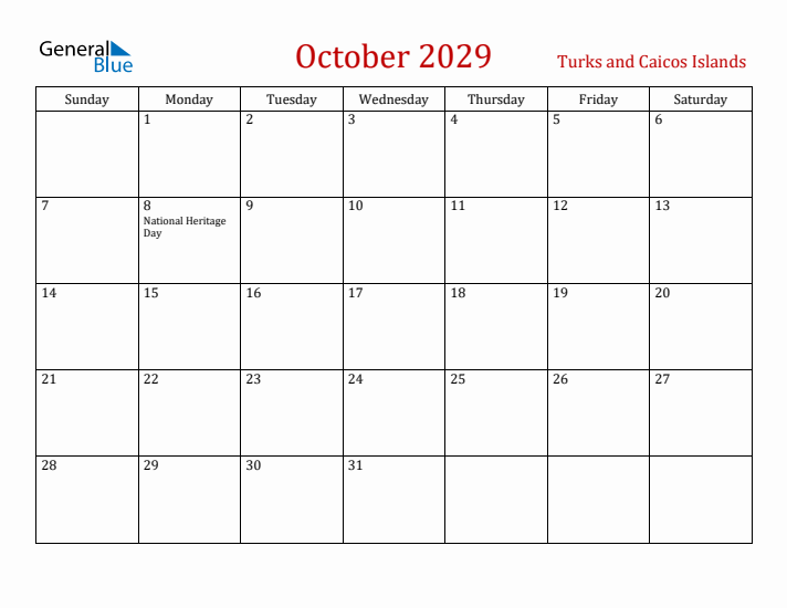 Turks and Caicos Islands October 2029 Calendar - Sunday Start