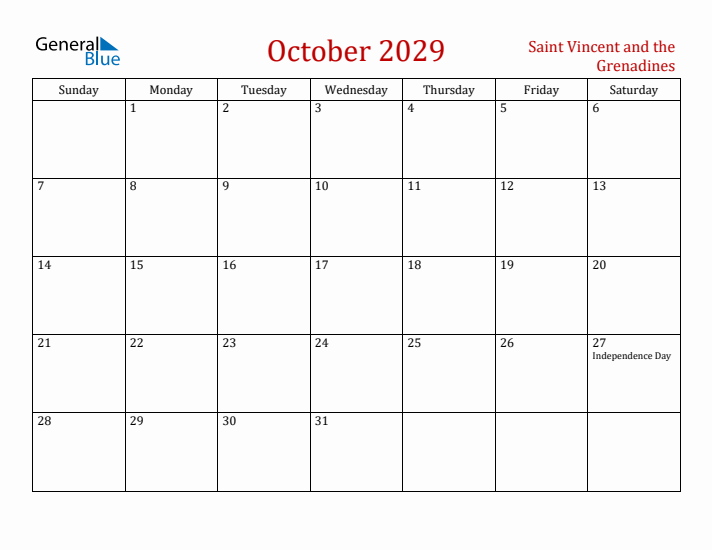 Saint Vincent and the Grenadines October 2029 Calendar - Sunday Start