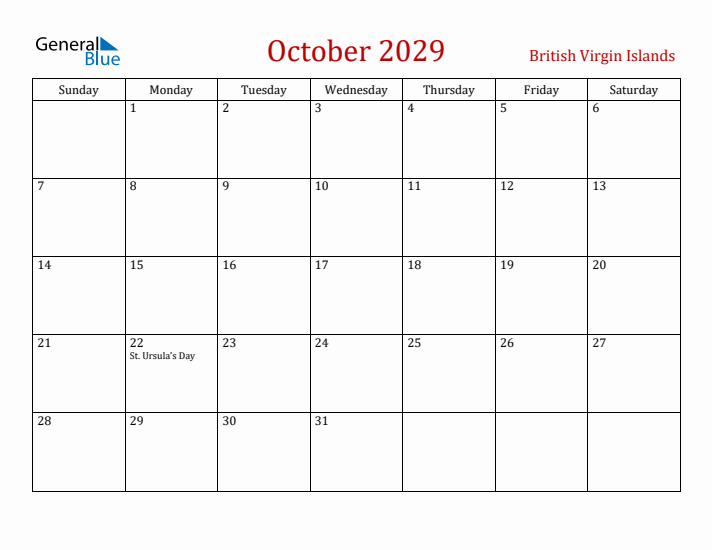 British Virgin Islands October 2029 Calendar - Sunday Start