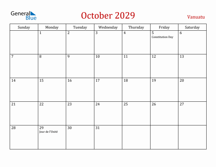 Vanuatu October 2029 Calendar - Sunday Start