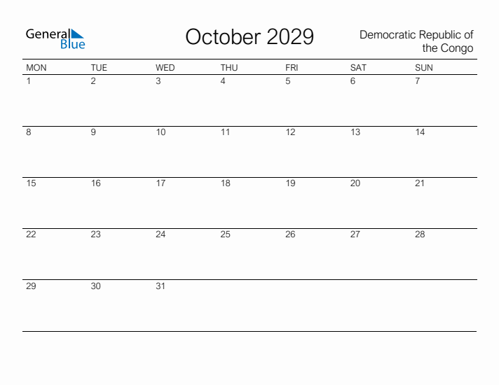 Printable October 2029 Calendar for Democratic Republic of the Congo