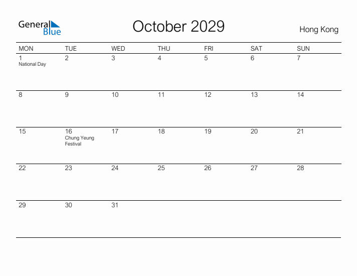 Printable October 2029 Calendar for Hong Kong